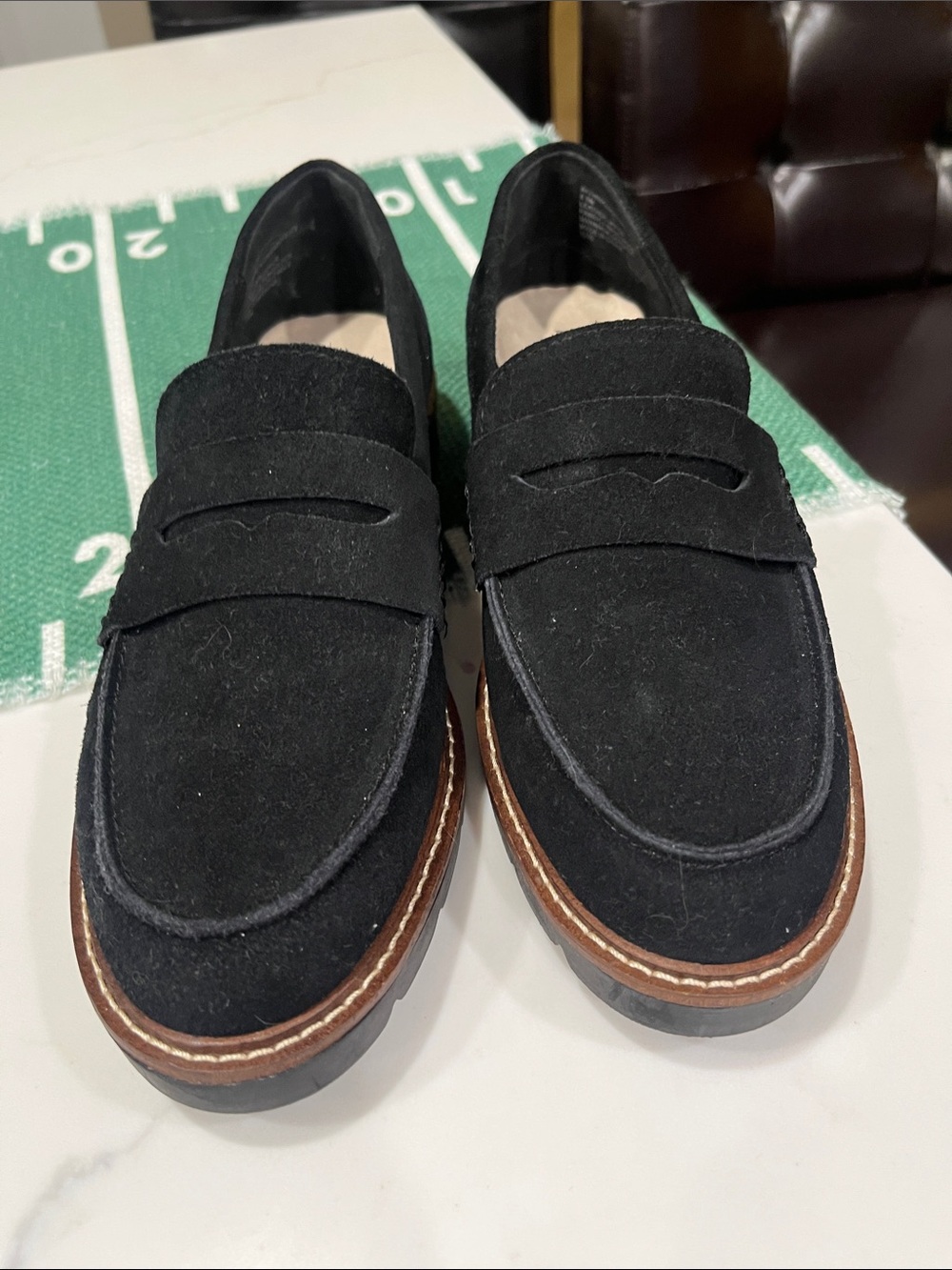 Anne Klein Emmylou Black Suede Loafers with Brown Trim